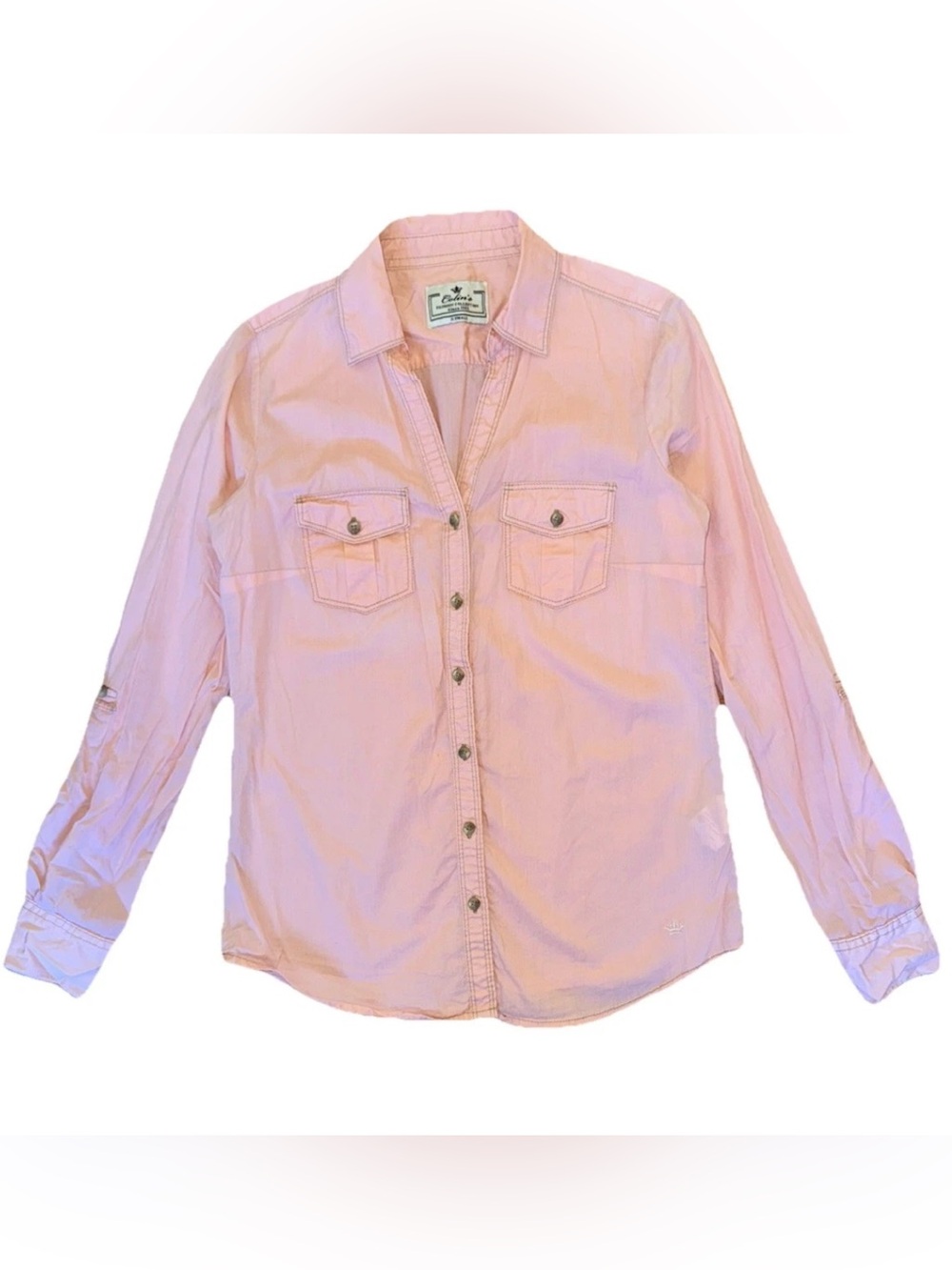 Vintage Women Size XS Retro Button Down Long Sleeve Collared Shirt Peach Cotton